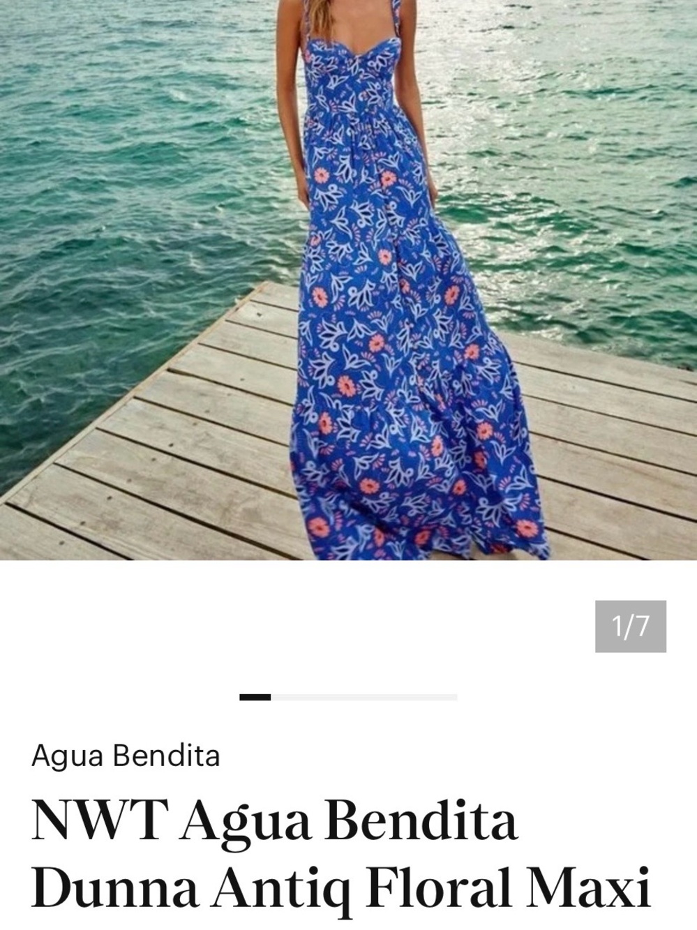 Agua Bendita Blue Floral Maxi Dress with Coral Accents